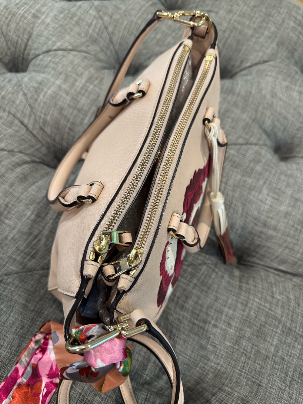 Tory Burch Bag Robinson Pink Leather Embroidered Floral Applique Satchel - Picture 10 of 17